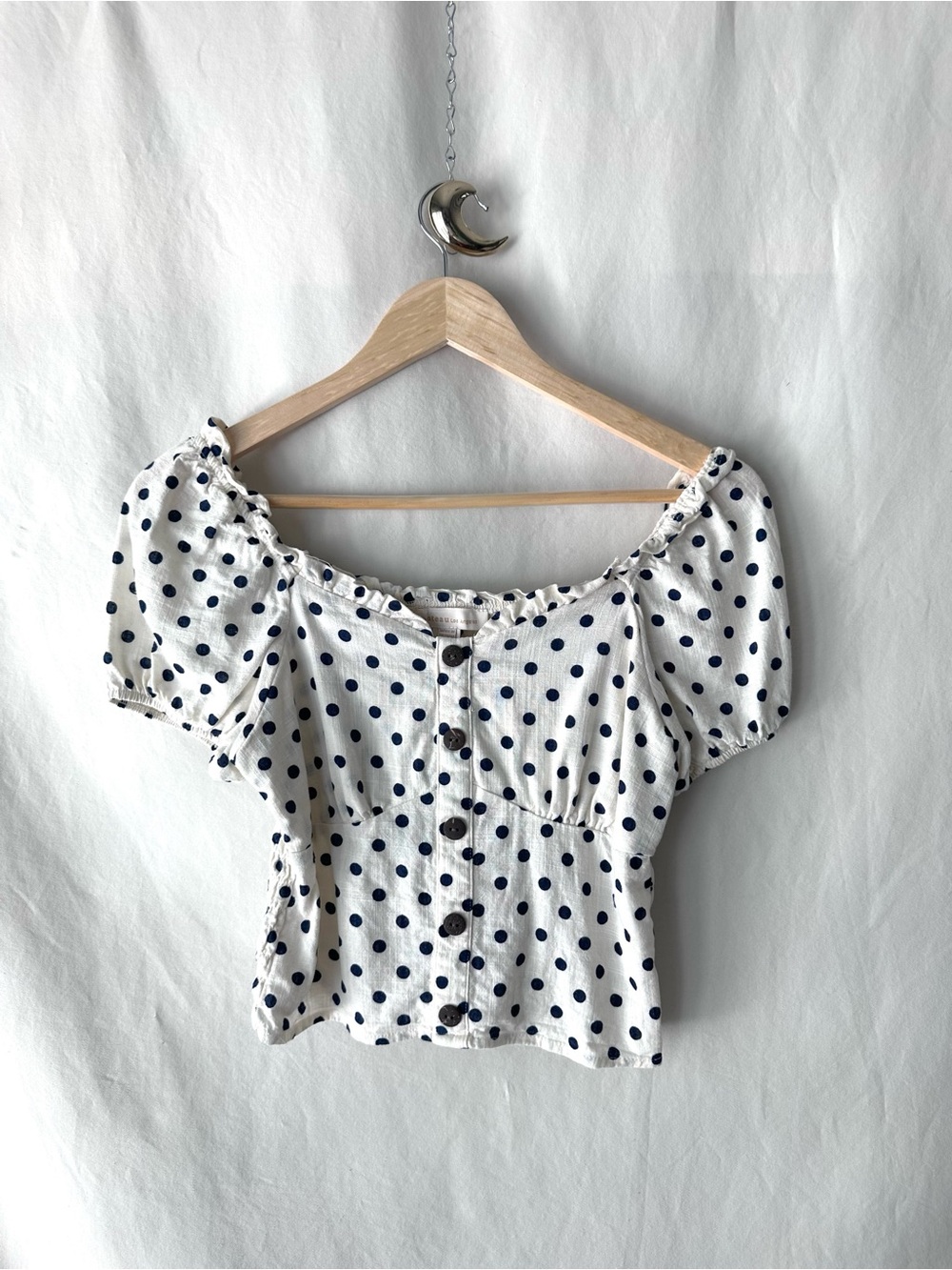 Monteau White Blouse with Navy Polka Dots and Puff Sleeves